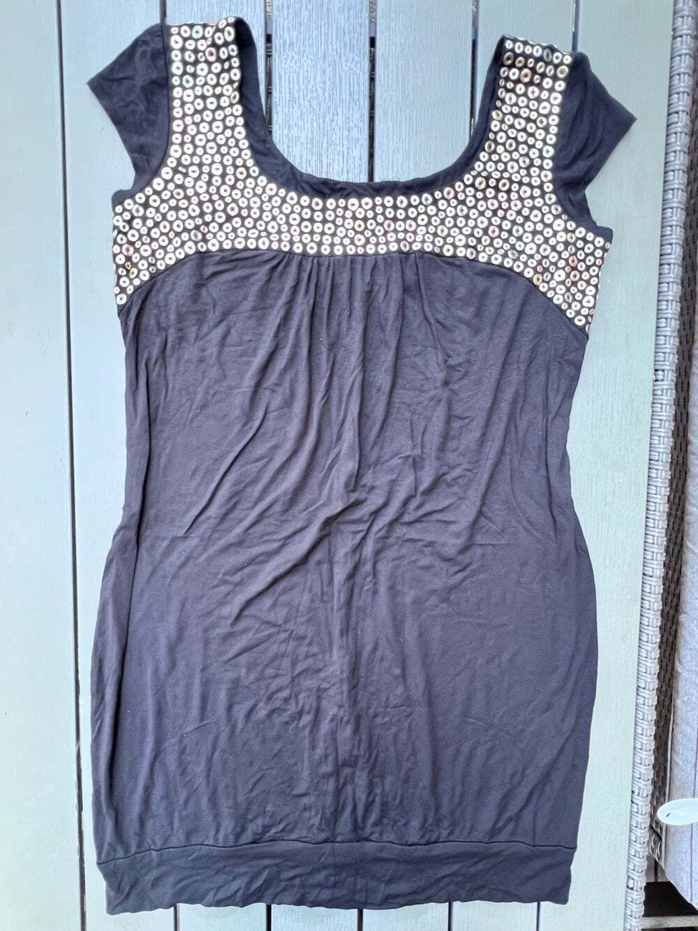 Y2K Cache Womens Large Black Sequin Embellished Cap Sleeve Mini Dress Party